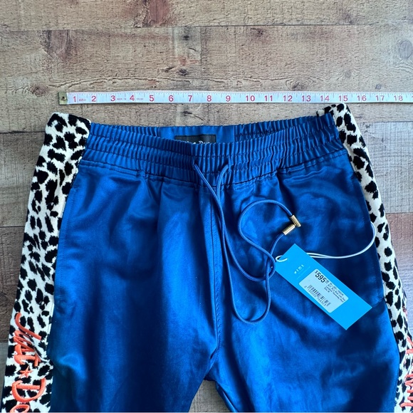 JUST DON Tearway Track Pants Blue Satin Leopard Trim Men MEDIUM NEW WITH TAG - Picture 7 of 12